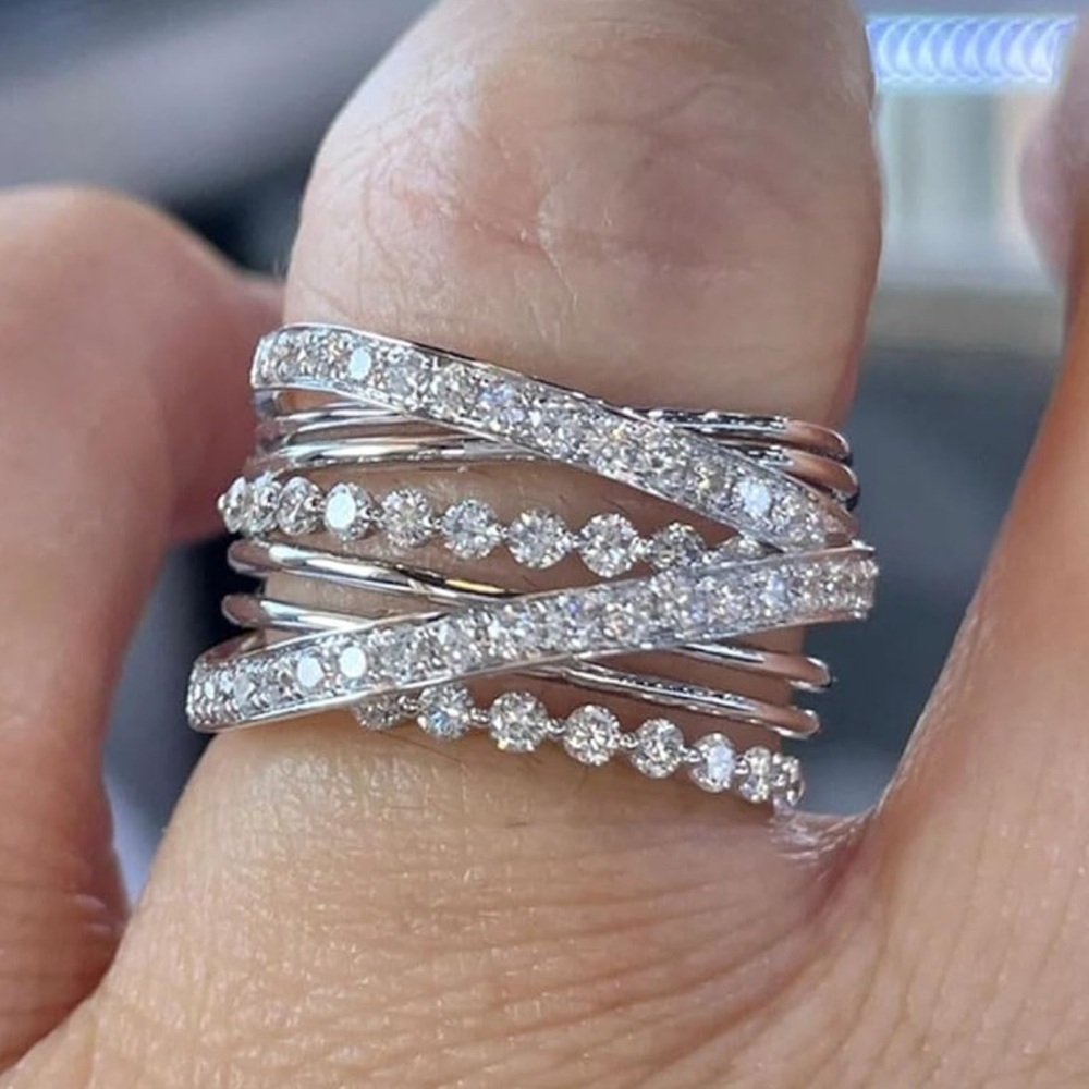 White Gold Plated White Cubic Zirconia Cross Ring Set, Size: 7 - Picture 1 of 3